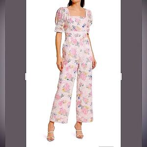Adelyn Rae Eyelet Womens Pink Floral Puff Sleeve Smocked Wide-Leg Jumpsuit Sz XL